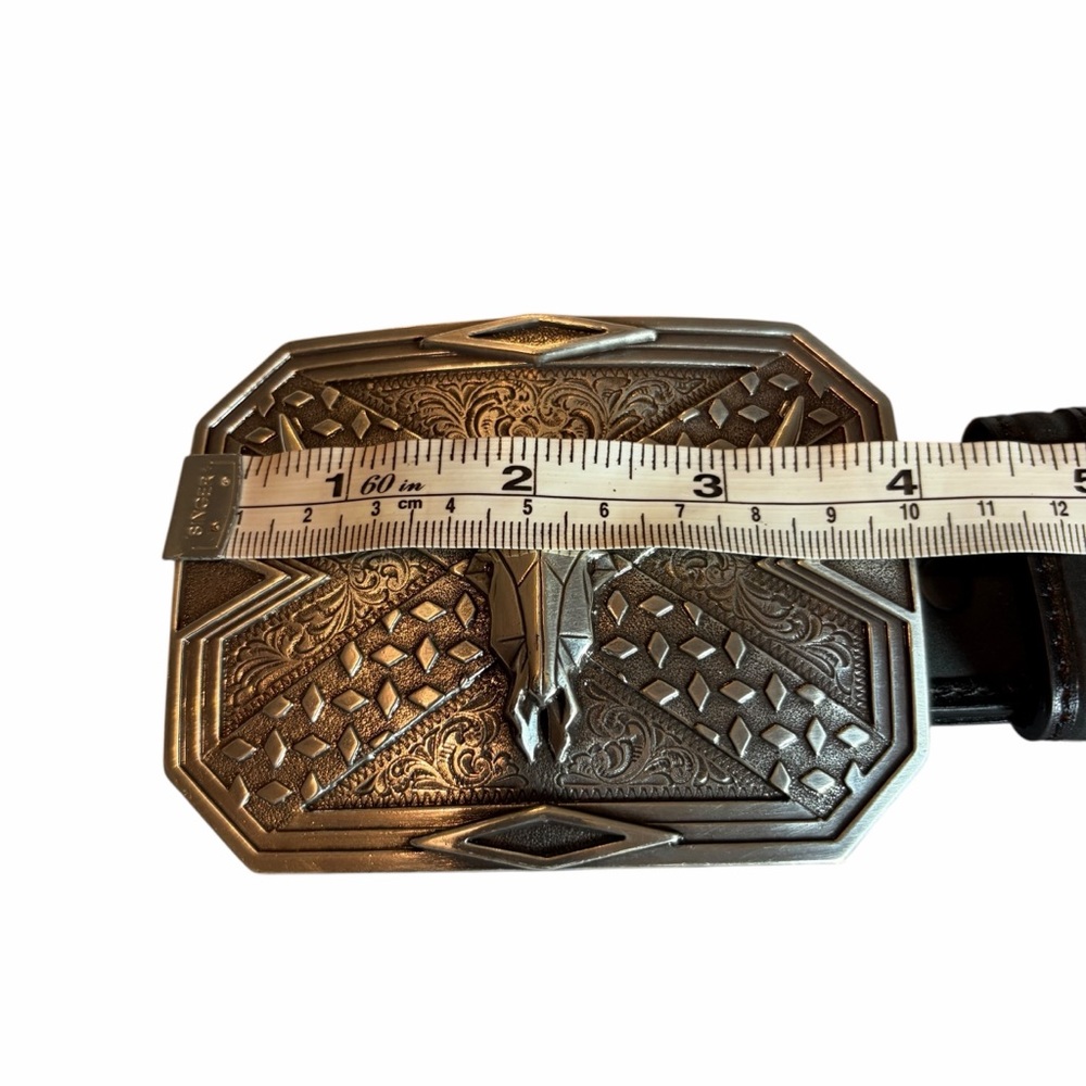 BLACK GENUINE LEATHER WESTERN BELT W/ LONGHORN BUCKLE SZ 44 - Picture 3 of 8